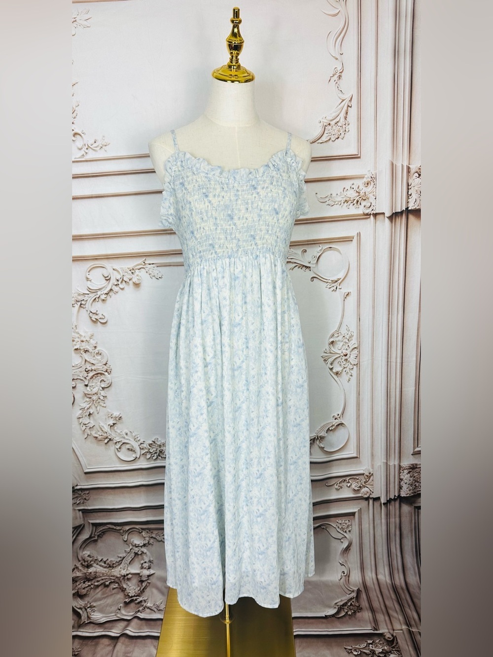 Smocked Light Blue Floral Maxi Dress with Spaghetti Straps - Picture 2 of 13